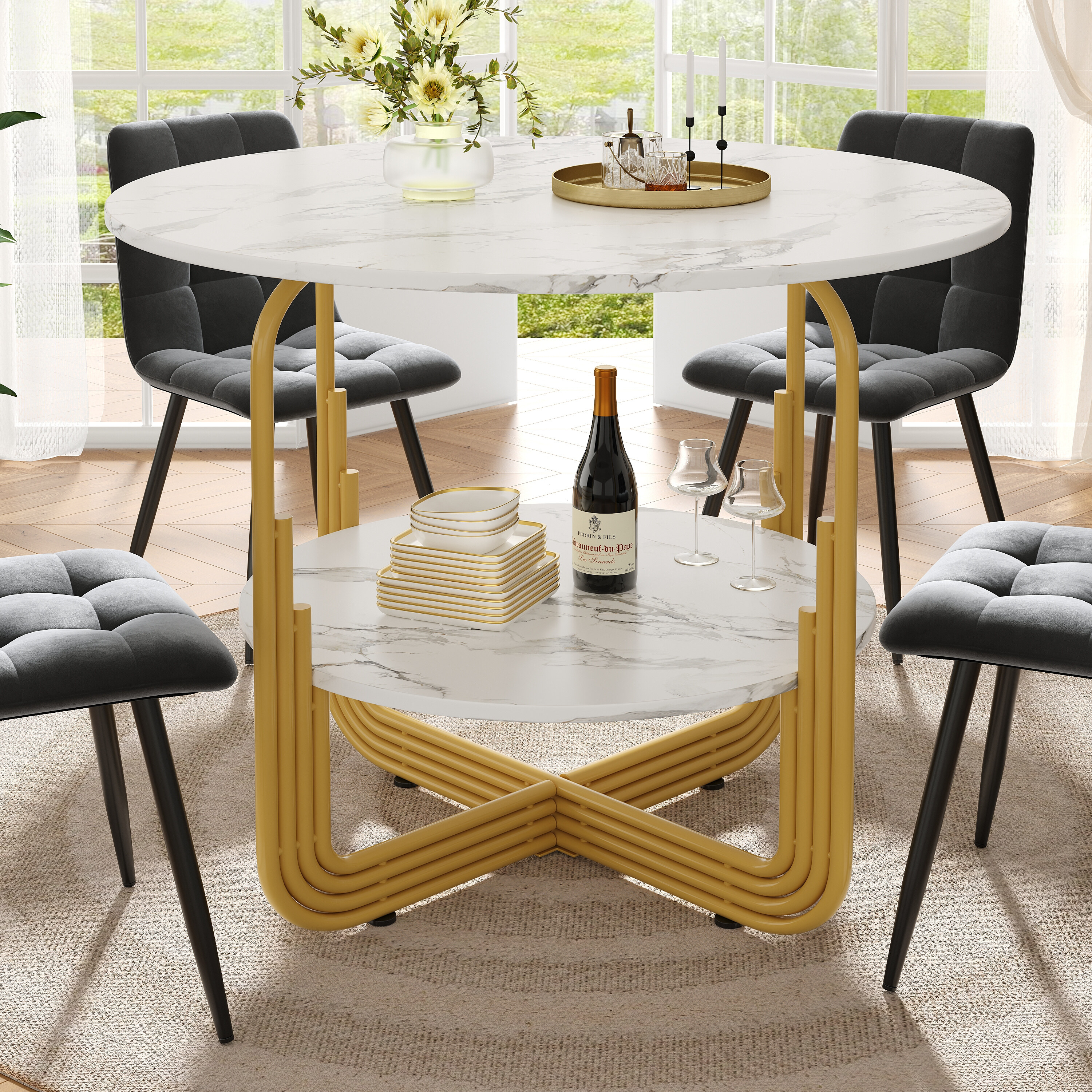Image of Round Dining Table (80x80x76cm), Kitchen Dining Table, Round Coffee Table For , Small Round Plate In For Storage, Suitable For Dining Room, Living Room, Marble Table Top
