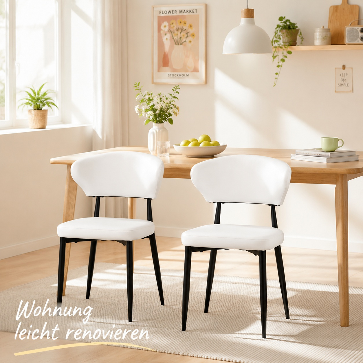 White Pu Dining Chairs 2pcs Set, Modern Minimalist Upholstered Luxury Chairs With Ergonomic Backrest & Black Metal Legs For Dining Room, Office And
