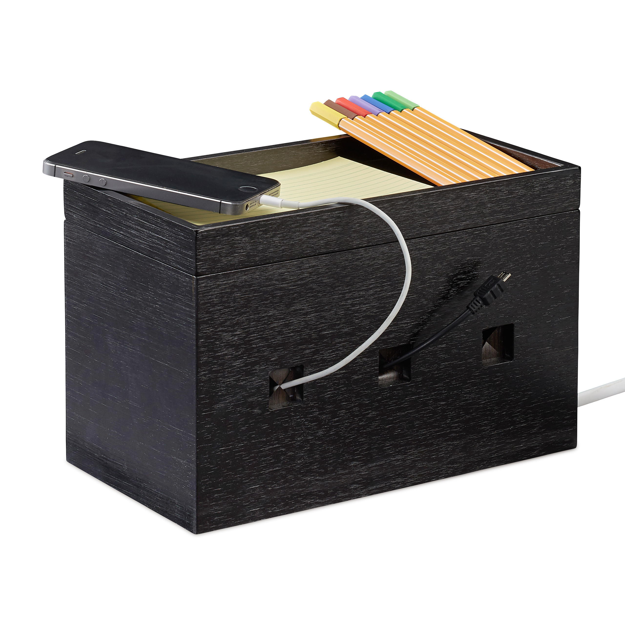 TEMU Kabelbox Bambus, schwarz, 16.5 x 25.5 x , mit abnehmbarem Deckel, 3 Öffnungen, Staubschutz, für Wohnzimmer, Schreibtisch und Ladestation,