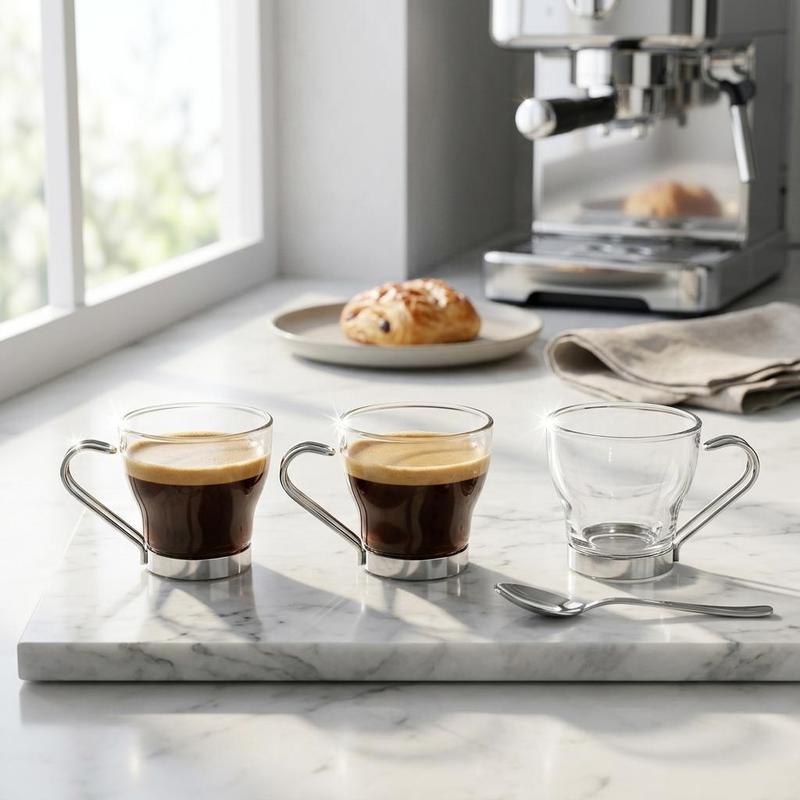 TEMU Coffee Cup Set Of 3 Clear Glass With Silver Metal Handles 8 Cl Capacity 6.5 X 7.5 X 25 Cm Modern Espresso Drinkware For Kitchen And Home Use