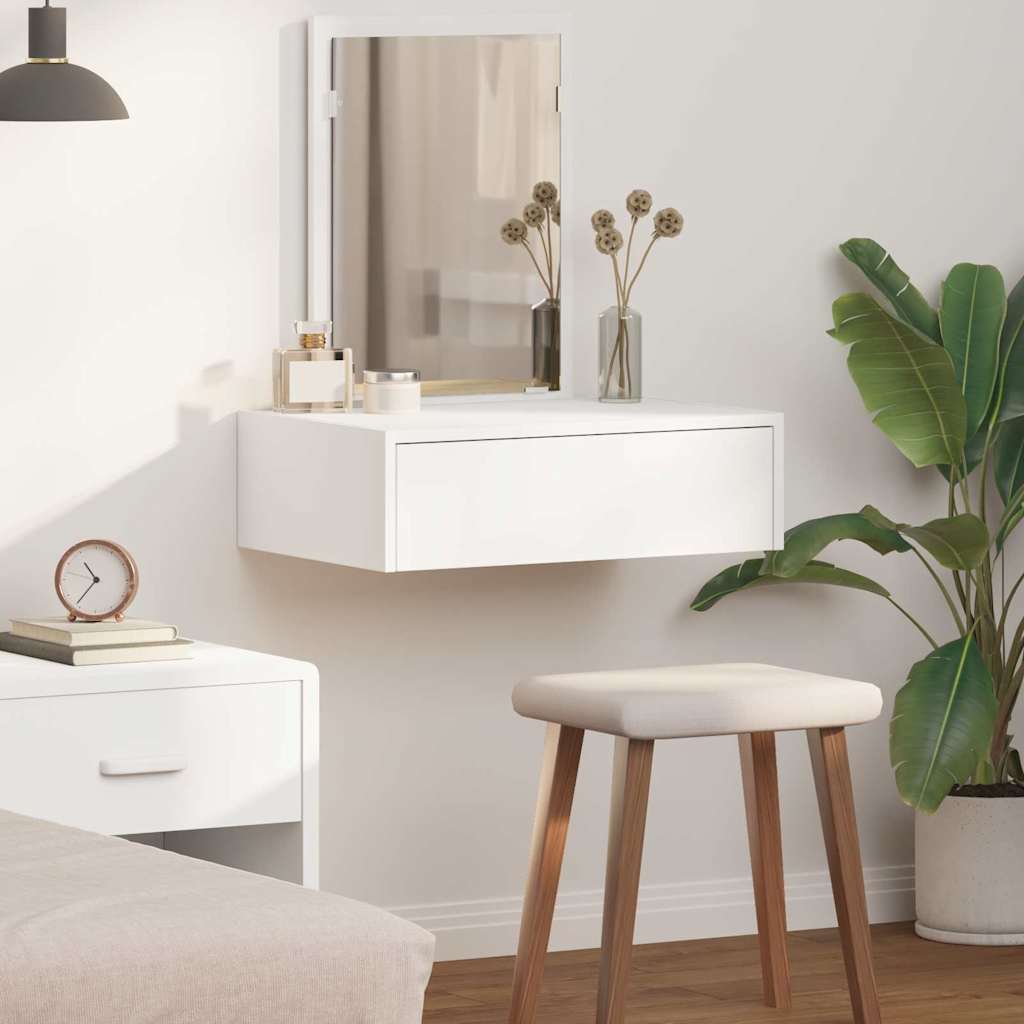 Image of Vidaxl Wall-mounted Vanity Table With Mirror | Compact , White Mdf Surface, 60 X 40 X 70 Cm, 1 Spacious Drawer, Ideal For Bedrooms And Grooming Areas, Vanity Bedroom Furniture, Makeup