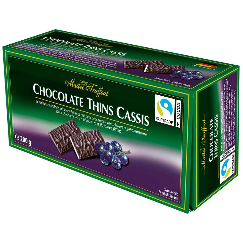 Master Truffout Chocolate Thins Blackcurrant - Dark Bitter Chocolate Squares Black