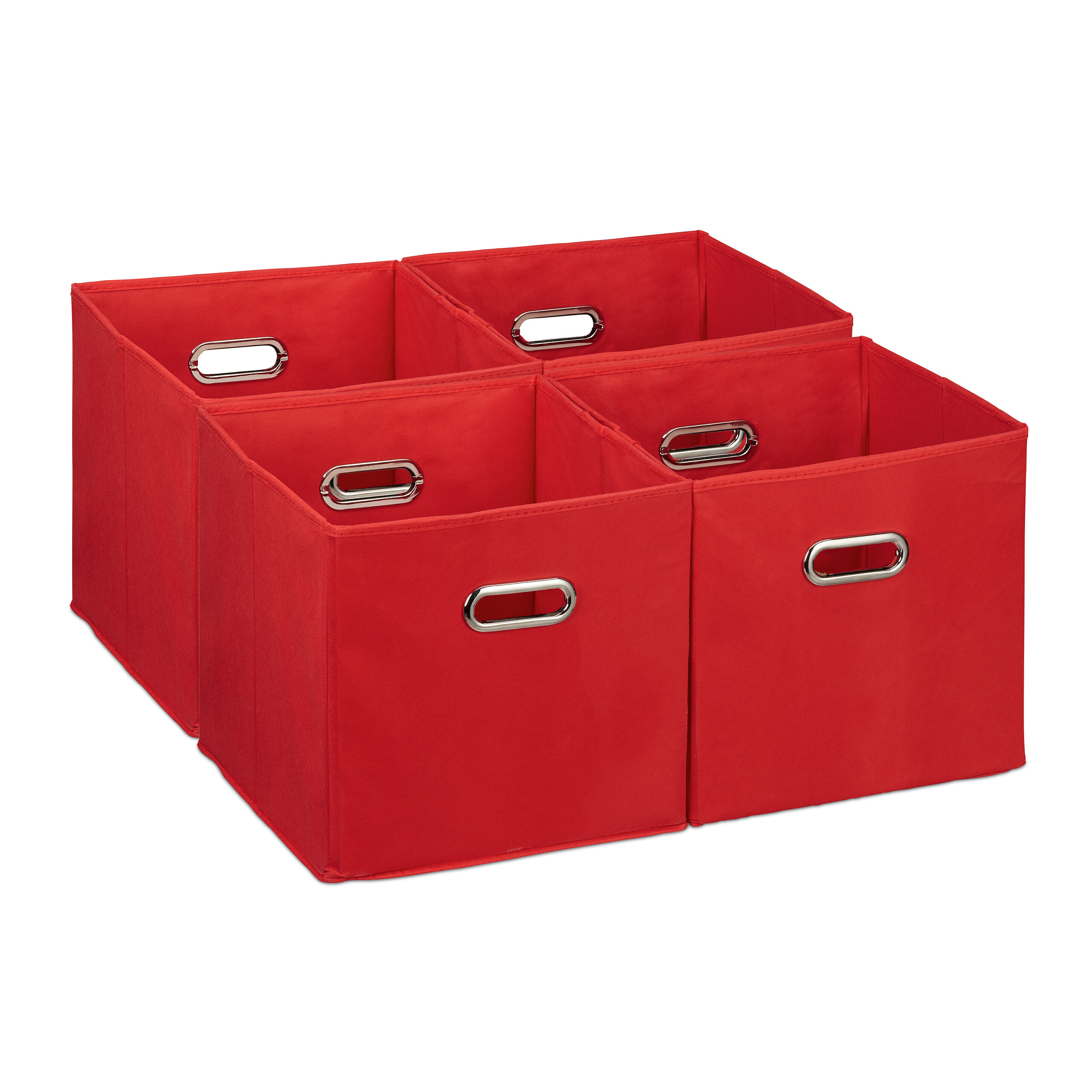 Image of Folding Storage Boxes, Set Of 4, 30 X 30 X 30 Cm, Polyester And Cardboard, Red, With Handy Handle Holes, For Living Room, Bedroom, And Kids' Room, Storage Crates, Shelf Bins, Fabric Baskets, Relaxdays