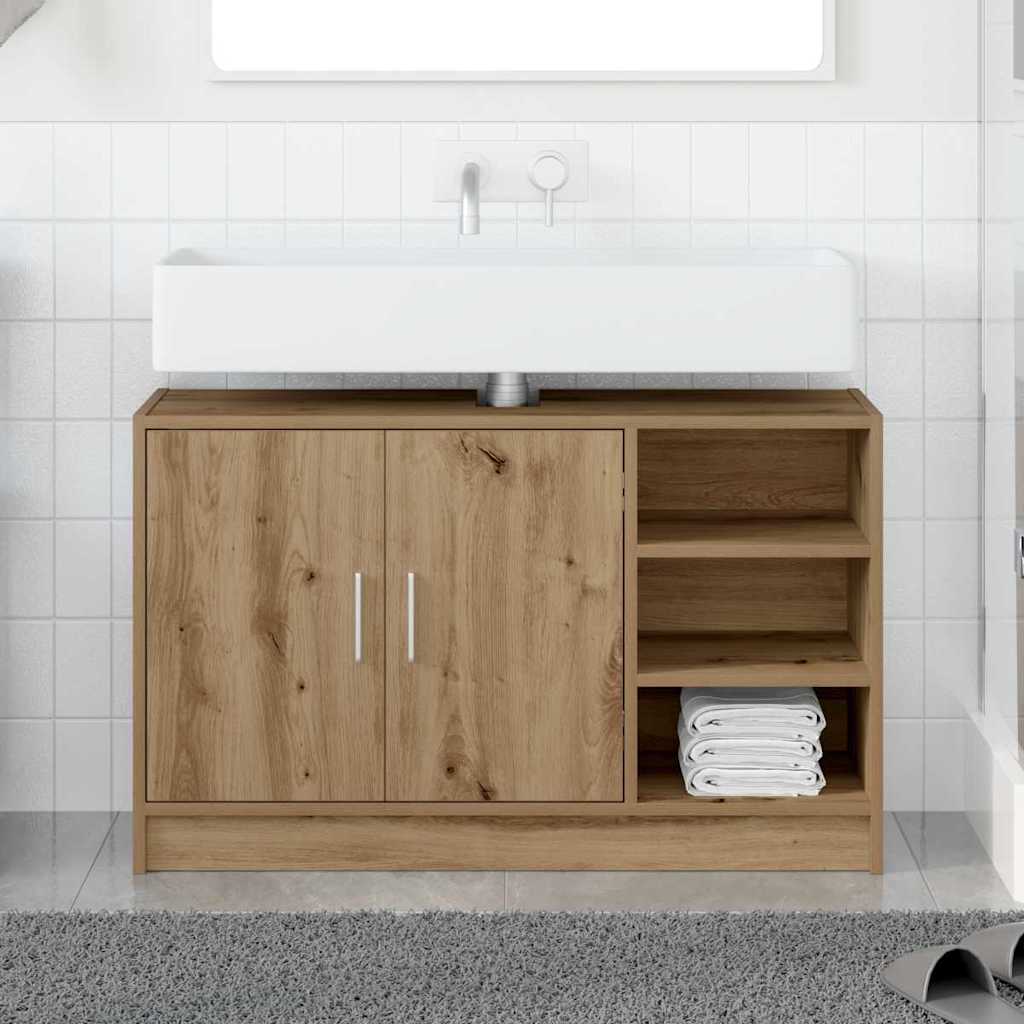 Image of Vidaxl Washbasin Cabinet Oak 90x29x55 Cm Wood Material Stylish Bathroom Storage Solution With Shelves And Doors Furniture Modern Durable Organizer Built-in Element
