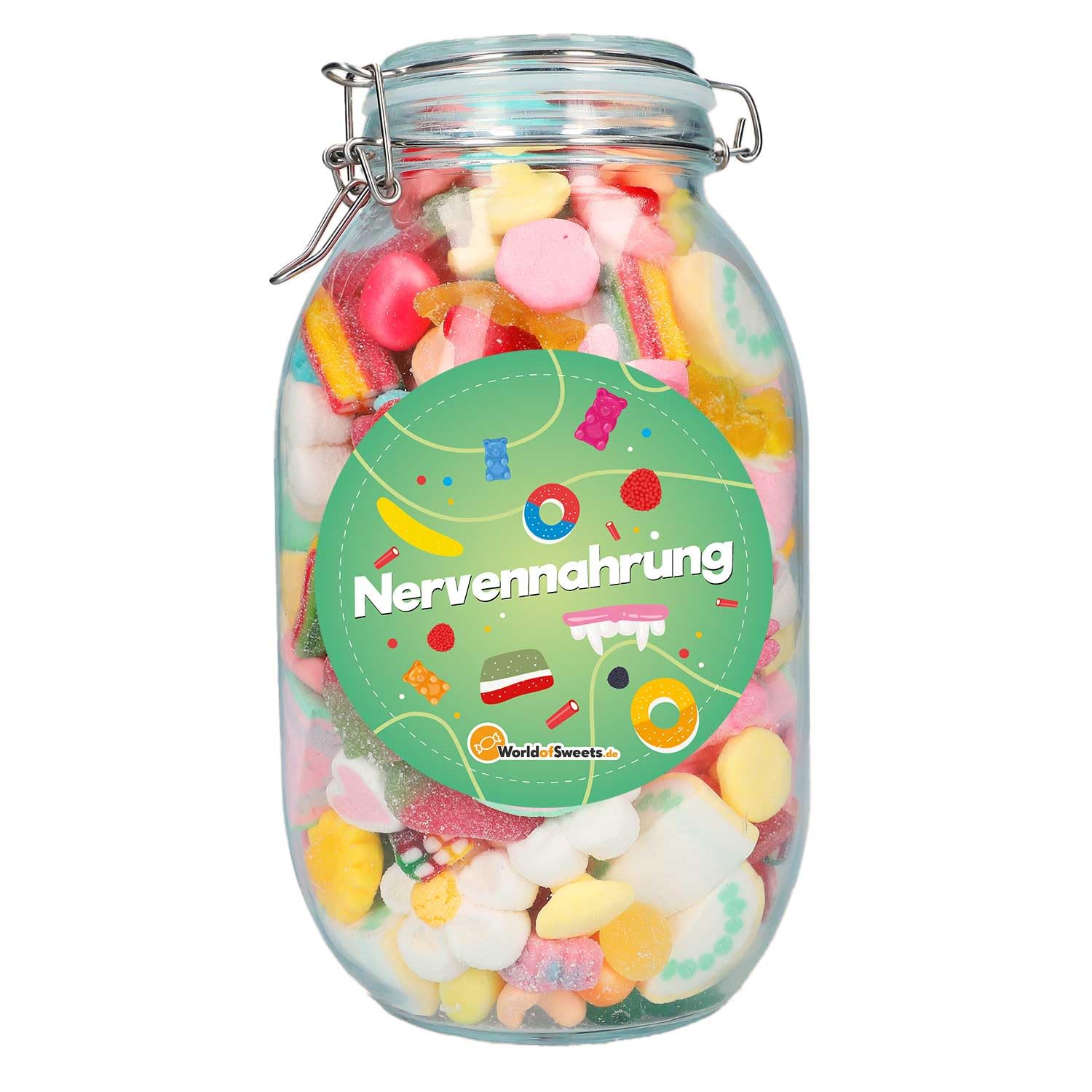 Image of World Of Sweets Colorful Fruit Gummy Mix "nerve Food" In A Jar – 1.5kg Candy Gift With Reusable Jar – Assorted Sweets, Colorful & Fruity – Gift Idea With Message