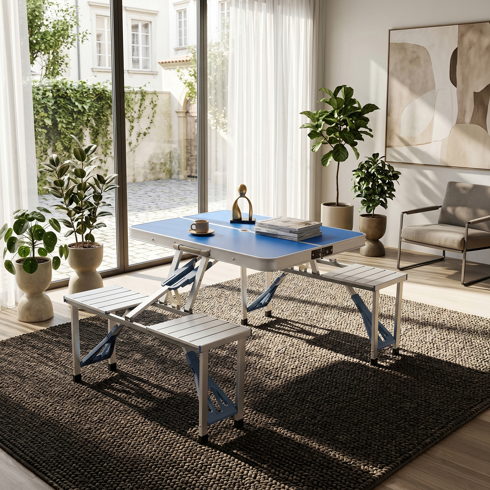 Blue Portable Folding Camping Picnic Table and Chairs Set