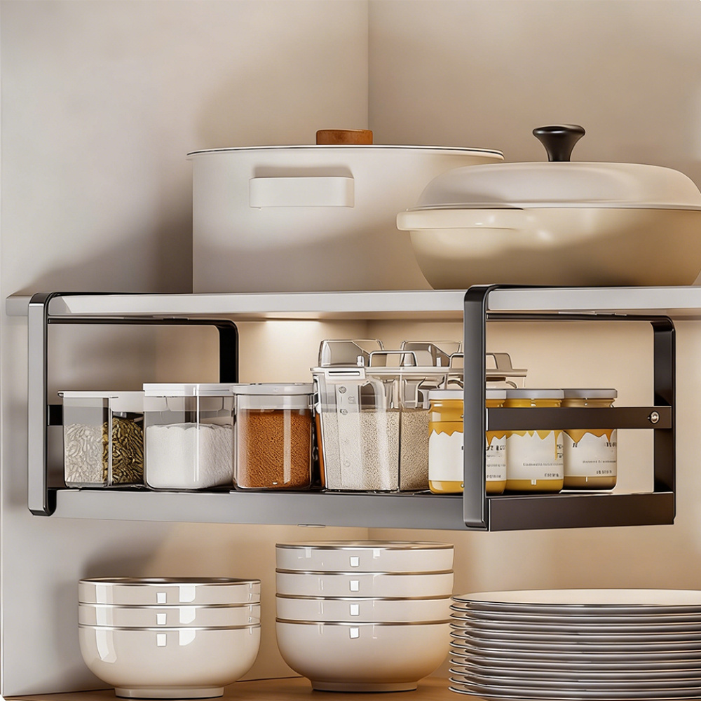 TEMU Black Non Perforated Retractable Kitchen Hanger, Flat Cutlery And Kitchenware Storage, Seasoning Rack, Pot Rack, - Easy To Access, Kitchen