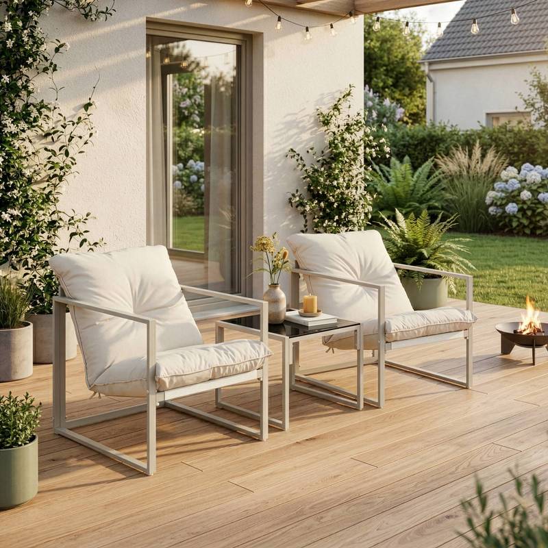 TEMU Ensemble de salon d'extérieur Karg 3 pièces avec table basse, 2 fauteuils, coussins et structure en métal