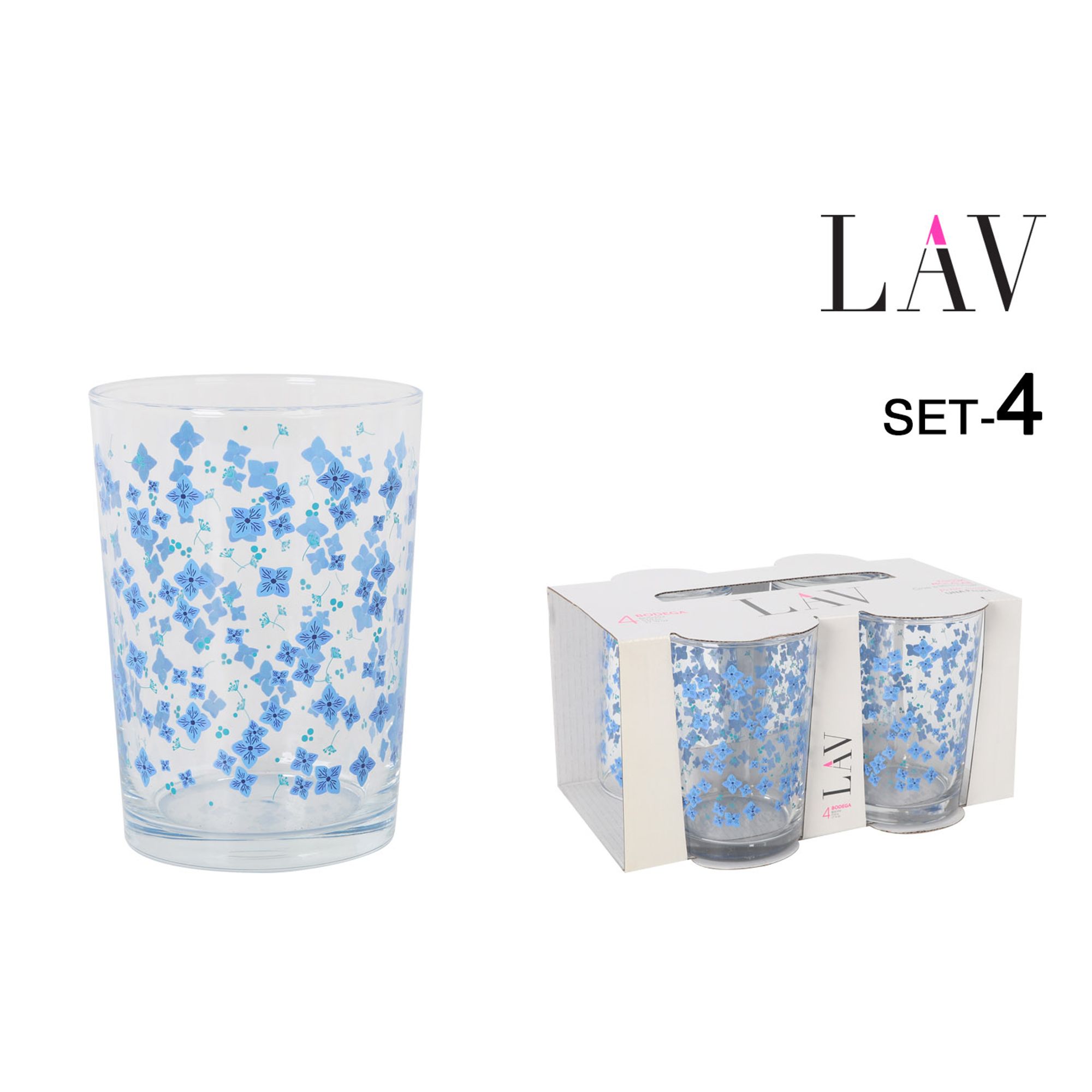 TEMU LAV | Set de 4 vasos de 520cc para , vasos decorados con flores azules, diseño alegre y moderno con multiples florales, ideal para comidas