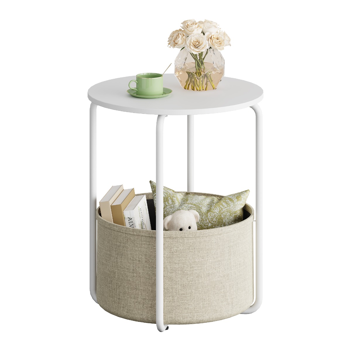 Side Table, Round End Table With Fabric Storage Basket, Small Coffee Table, Sofa Table For Living Room, Bedside Table With Metal Frame For Bedroom, Easy Assembly