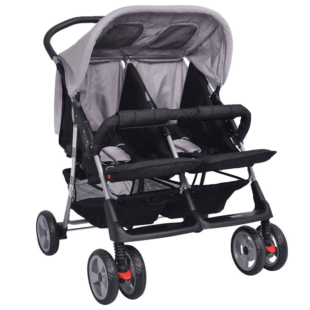 Twee-zits Wandelwagen in Staalgrijs en Zwart - Dubbele Wandelwagen, All-Terrain Wandelwagen, Opvouwbare Wandelwagen, Kinderaccessoire