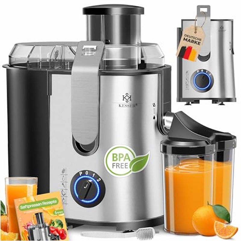 Kesser® Centrifuge Juicer For Fruit | Vegetables Made Of Stainless Steel Wattangabe, Large Feeding Tube, 3 , Electric Centrifugal + Brush, Juice Container, Recipe Book, Black