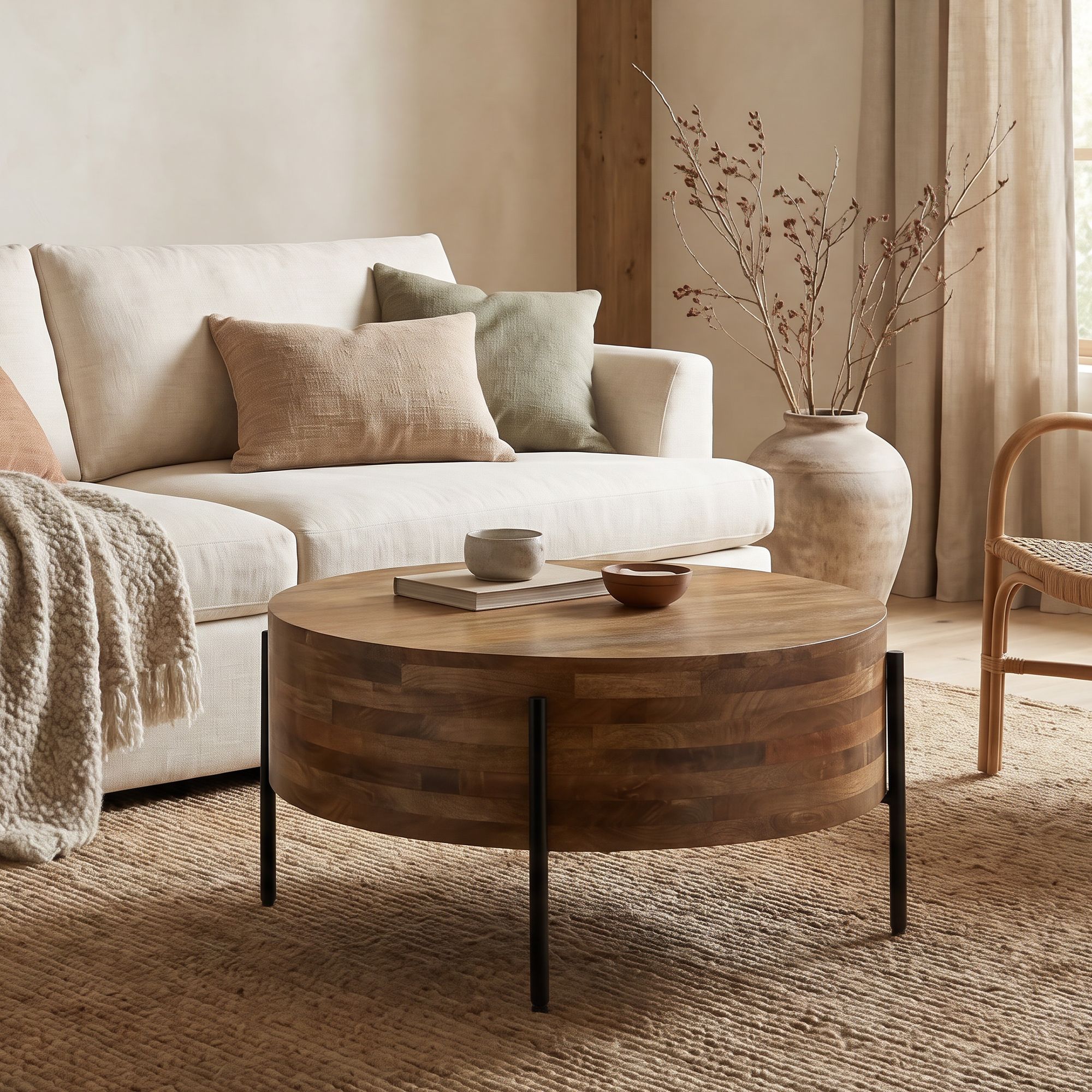 Image of Coffee Table 70cm Solid Mango Wood - Round Living Room Table - Modern Wooden Sofa Table - Handmade Design Living Room Side Table