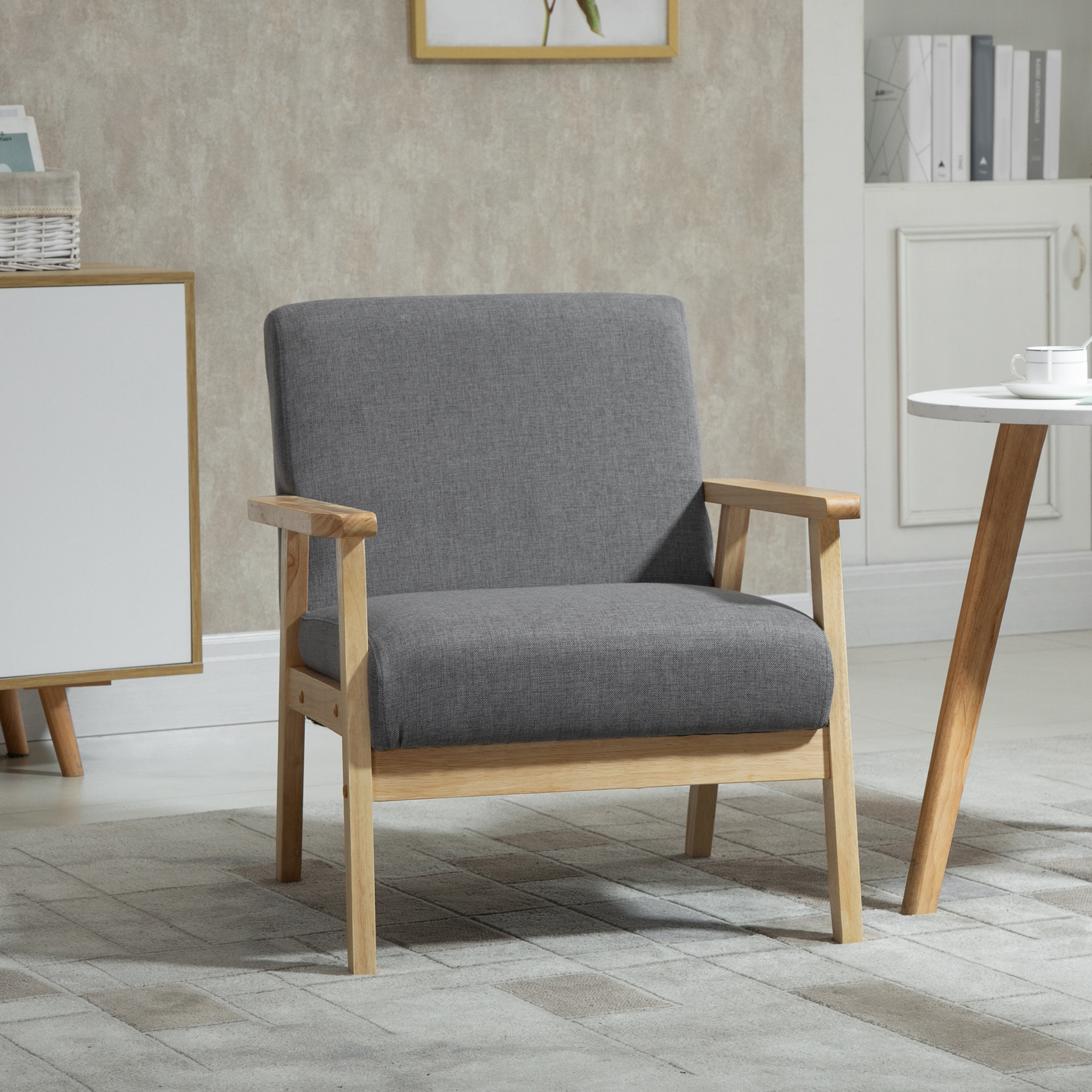 Image of Armchair, Dining Chair, Lounge Chair With Armrests, Padded Chair With Linen Look, Relax Chair For Bedroom, Living Room, Solid Wood, Grey, 64 X 70 X 72 Cm