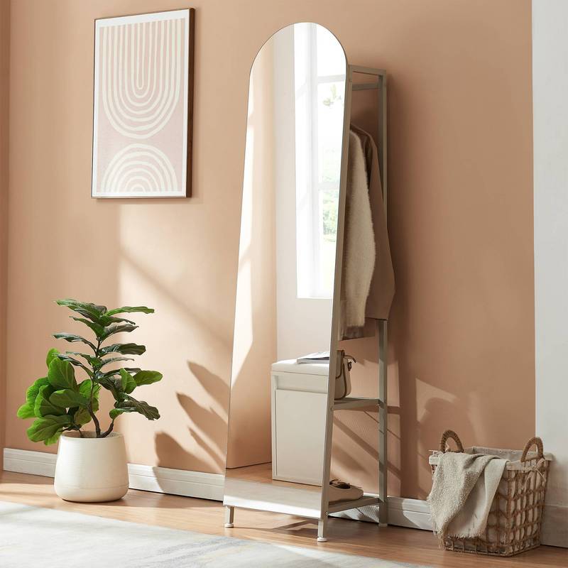 Wardrobe Mirror 2-in-1 Full-body Mirror With Clothes Rail And 2 Shelves Metal 165 X 40 X 35 Cm