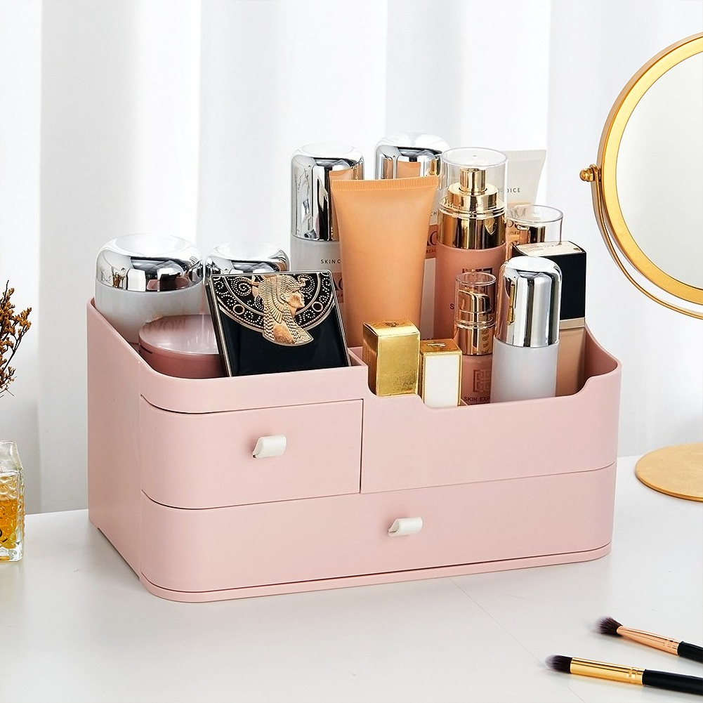 TEMU Large Capacity Cosmetic Organiser, Pink Plastic Makeup Storage Box With Multiple Sections, Vanity Table Tray For Lipsticks Brushes Skincare,