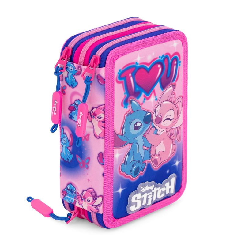 TEMU School Pencil Case With 3 Zippers, Complete Set Of 44 Pieces, Includes Giotto Markers And 4mm Lead Pencils - For Stitch Fans - Raised Characters