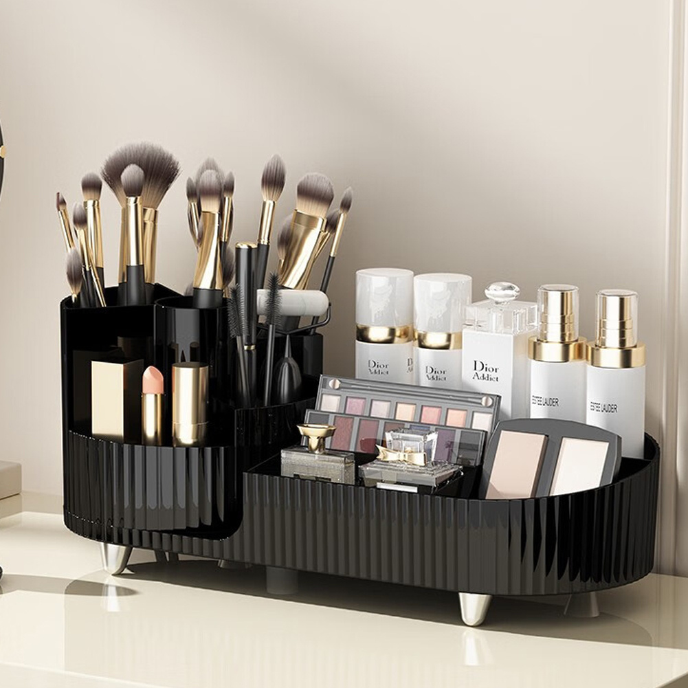 TEMU Rotating Makeup Organiser With Multi-compartment Design, Black Cosmetic Storage Holder For Makeup Brushes And Lipsticks, Large Capacity Vanity
