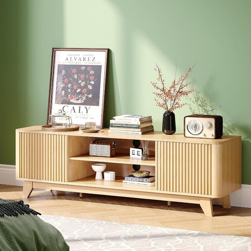 Image of Bonnlo Wooden Tv Cabinet, Lowboard With 2 Doors & 2 Shelves, 149*38*46cm, Tv Stand For Living Room, Bedroom, And Study, Oak/walnut Color