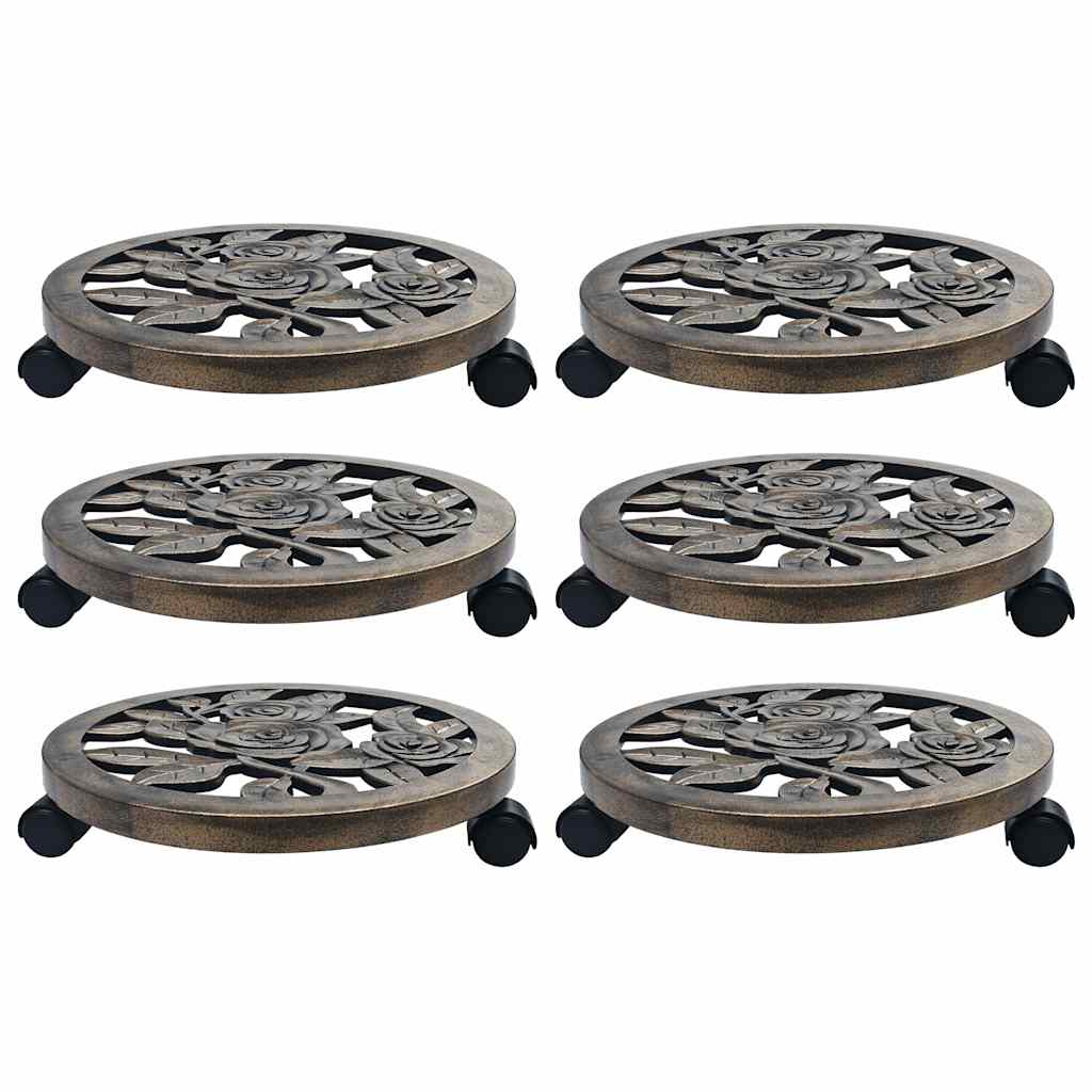 6x Plant Rollers With Brake, Flower Pot Transport Rollers, Round Bronze Plastic Trolley Board, 38cm, For Planters And Flower Pots