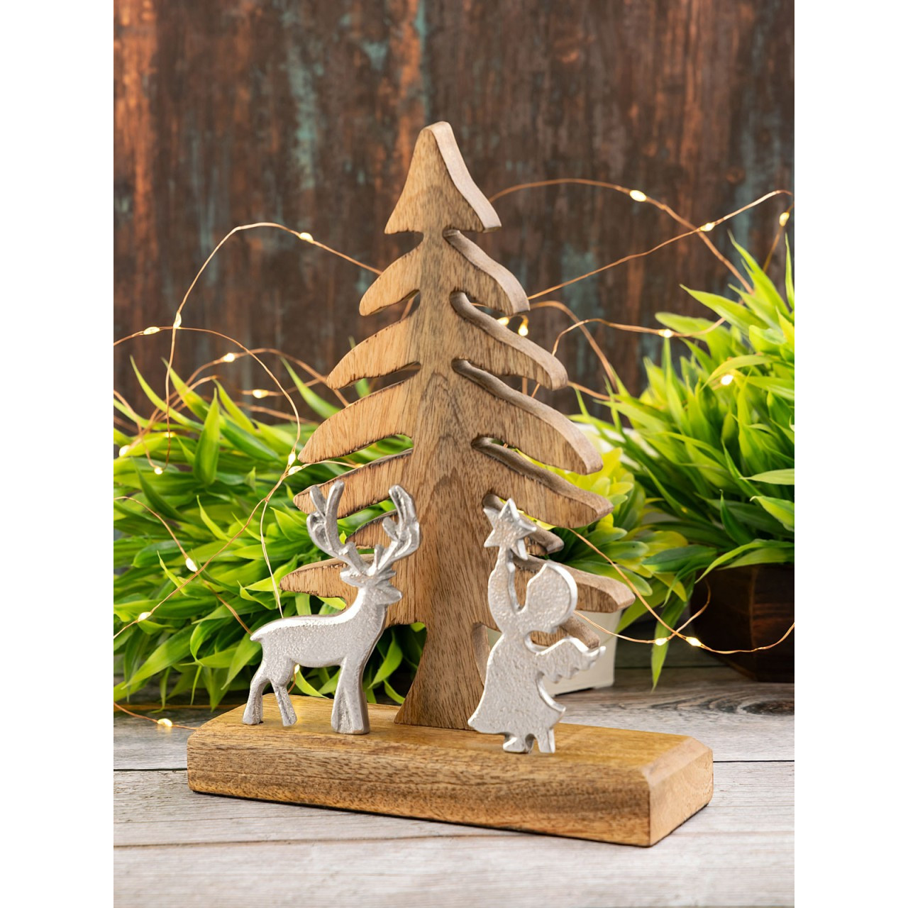 Image of Wooden Christmas Tree Figure With Deer And 20x27cm Christmas Decoration Mango Wood Aluminum