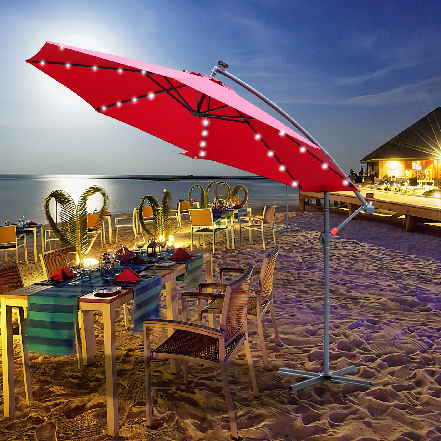 Parasol, parasol cantilever, avec support et lumière, protection solaire, protection UV jusqu'à UV30+, ouverture et fermeture faciles, pour jardin, terrasse, 300 cm