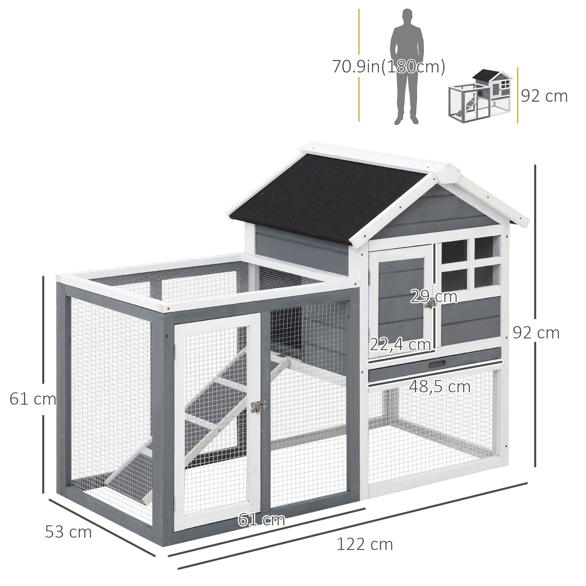 Rabbit Hutch Tannenholz Indoor Outdoor Small Animal Enclosure Small Animal Cage Small Animal House Removable Ramp And Floor Tray Grey+White+Black 122 X 62, 6 X 92 Cm
