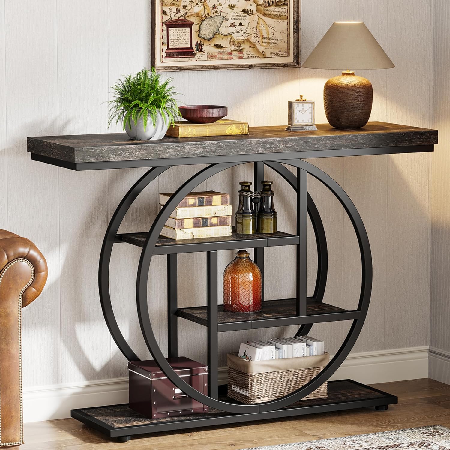 Image of Modern 41.3" Console Table, Industrial 4-tier Sofa Table Entryway Table With Circle Base, Vintage Narrow Wood Accent Tables With Storage Shelves For Living Room, Hallway, Foyer
