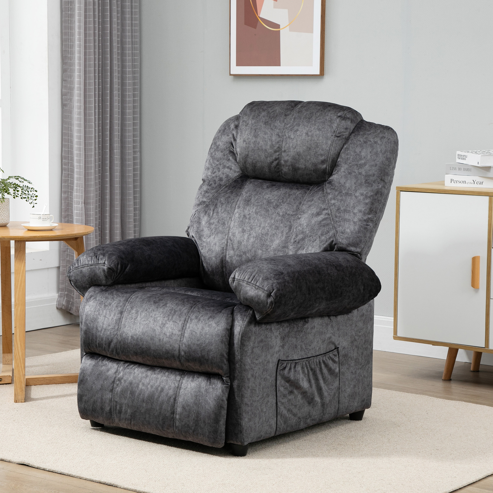 TEMU Sillon Relax Reclinable Manual Tapizado en Terciopelo Acolchado con Reposapies Retractil y Bolsillos para Salon Oficina Dormitorio 96x91x108 cm