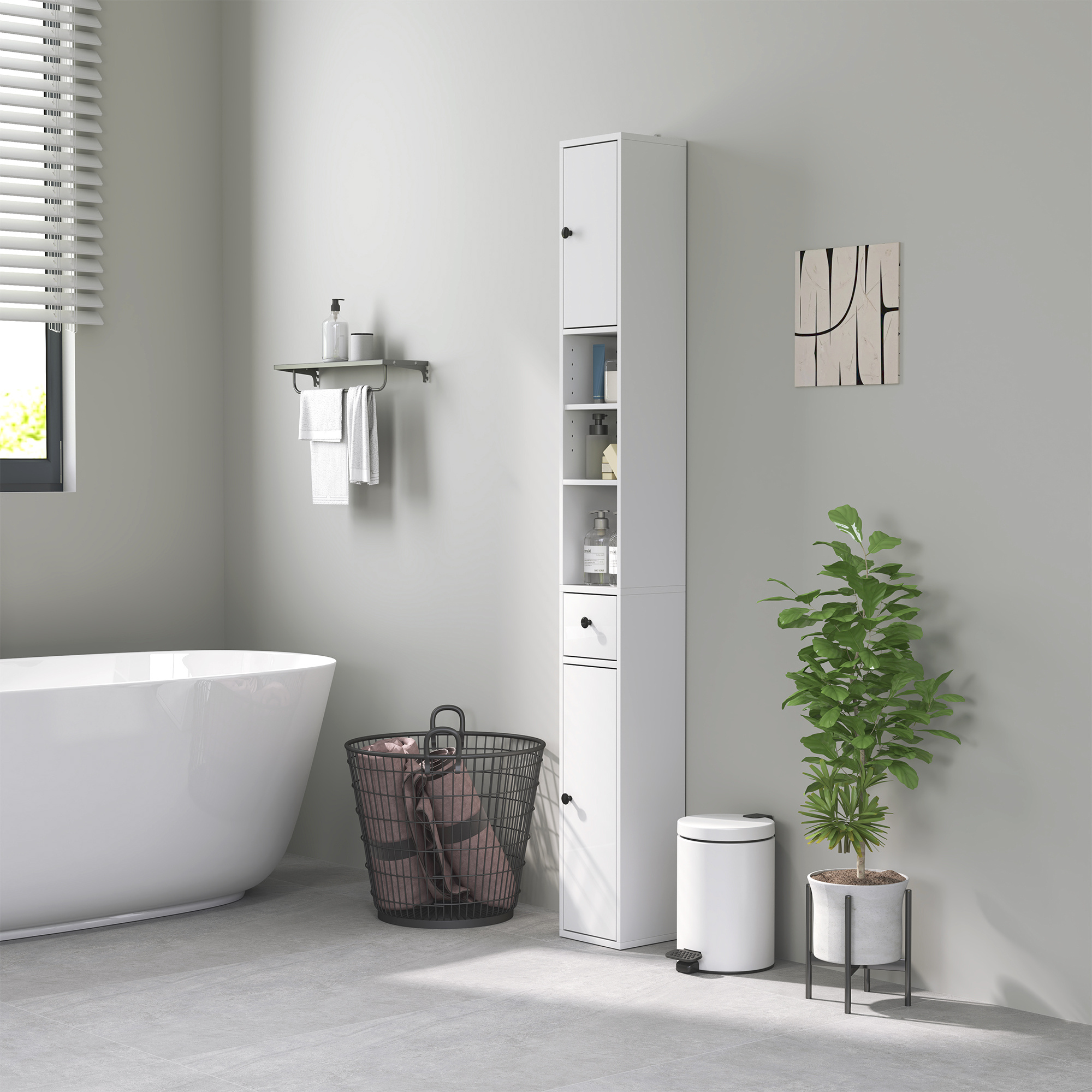 Narrow Bathroom Cabinet, Tall Toilet Cabinet With Drawer, 3 Open Compartments, Adjustable Shelf, Bathroom Cabinet For Small Spaces, Bathroom, Living Room, 20 X 20 X 178 Cm, White