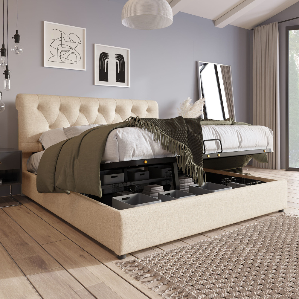 Image of Hydraulic Upholstered Bed 160x200 Cm - Height-adjustable Headboard (6 Cm), Hydraulic Storage, Pine Wood Slatted Frame, Linen Fabric, For Mattress 22-28 Cm, For Bedroom.