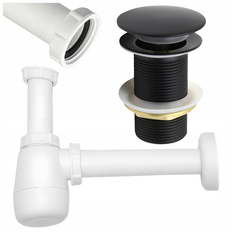 Set: Click- Drain Stopper Without Overflow + Black Basin Siphon For Sink