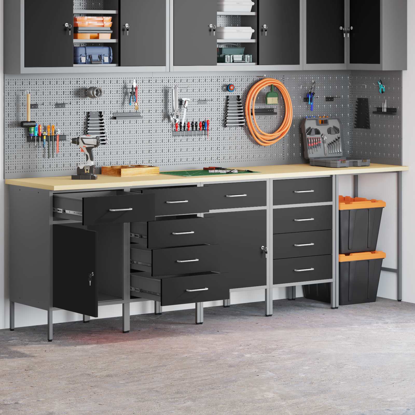 Workbench Set With Drawers 5pcs. Black And Gray, Workshop Tool Cabinet, Square , For Indoor, Durable Locking System For