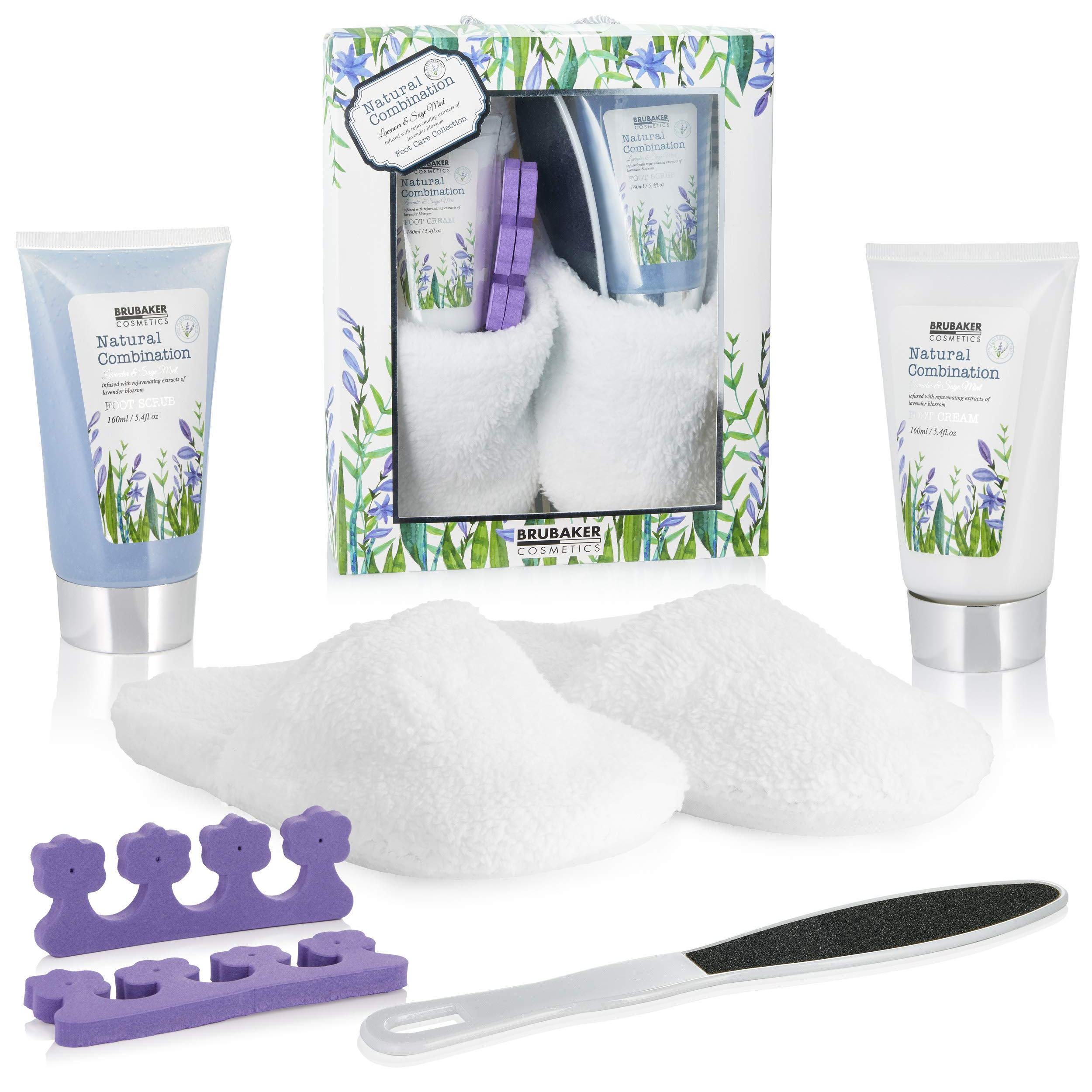 Image of Brubaker Cosmetics Bath And Foot Care Set Including 1 Pair Of Slippers Made Of Teddy Plush White - With Lavender & Sage Mint Extracts - Set For Women
