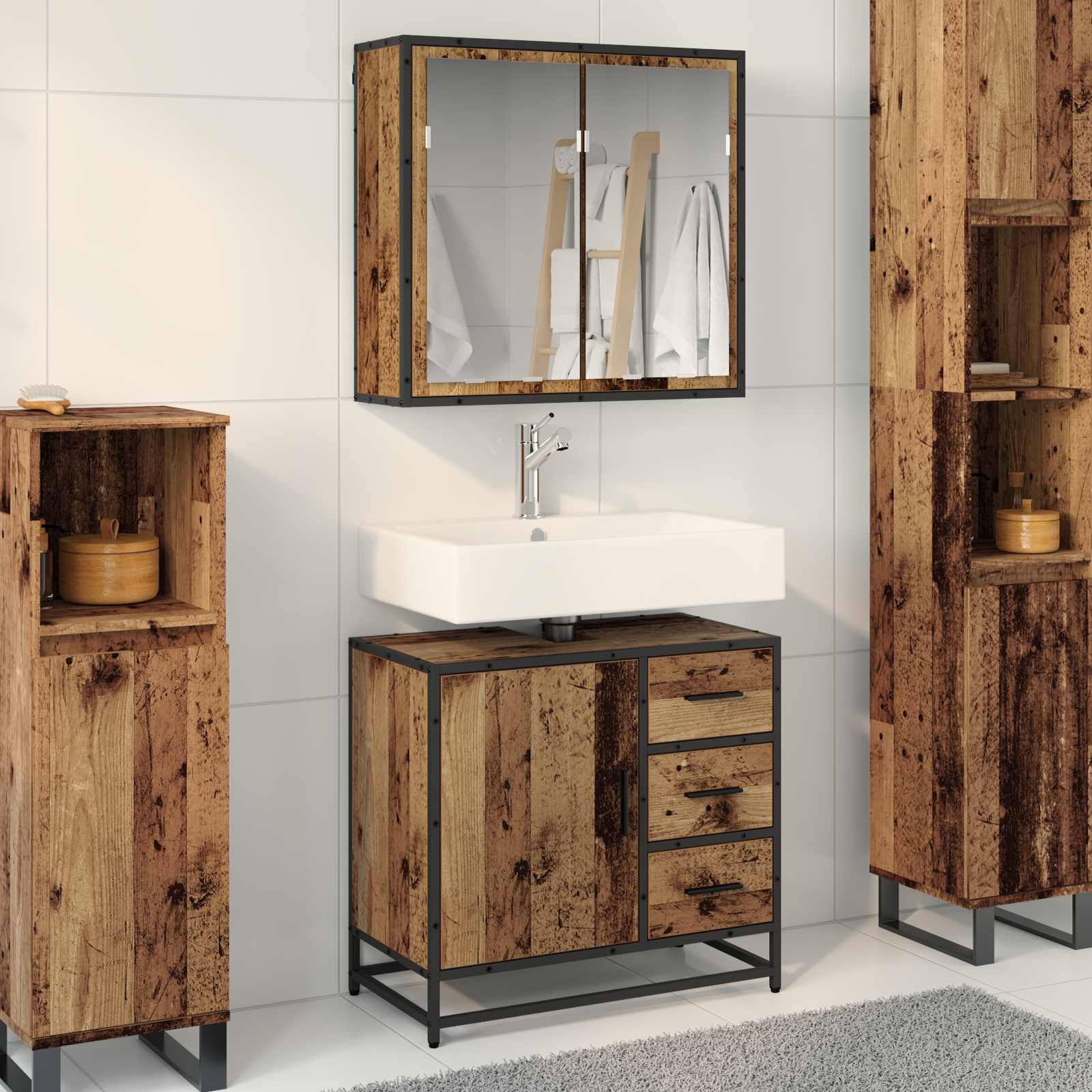 Vidaxl Bathroom Furniture Set With Drawers, 2 Pcs, Wood Material, Modern Bathroom Set, Rectangular Sink With Mirror, Storage Space, Durable, Wall-mounted
