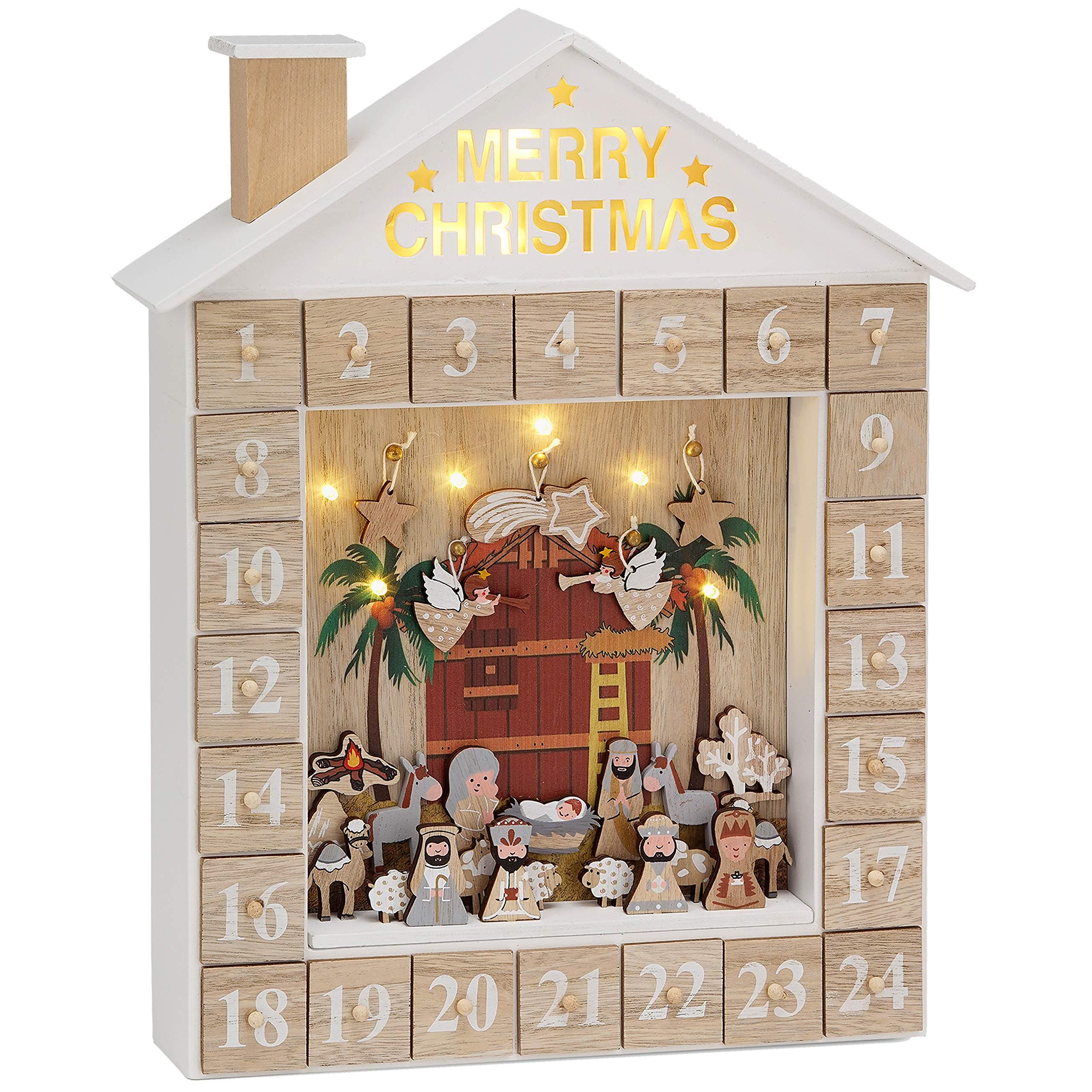 Image of Brubaker Wooden Fillable Advent Calendar - Bible Story Nativity Scene With Led Lighting - Reusable Diy Christmas Calendar X 38.2 X 6.3 Cm