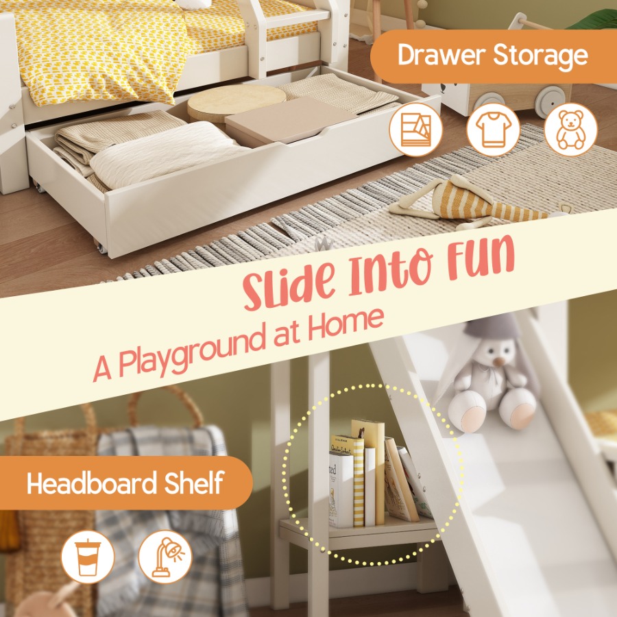 Bunk Beds for Kids, Wooden Cabin Bed with Ladder and Slide, Multi-functional Tree-house Bed, Children's House Bed, Twin Sleeper (90+135) x 190 cm, Solid Wood, White