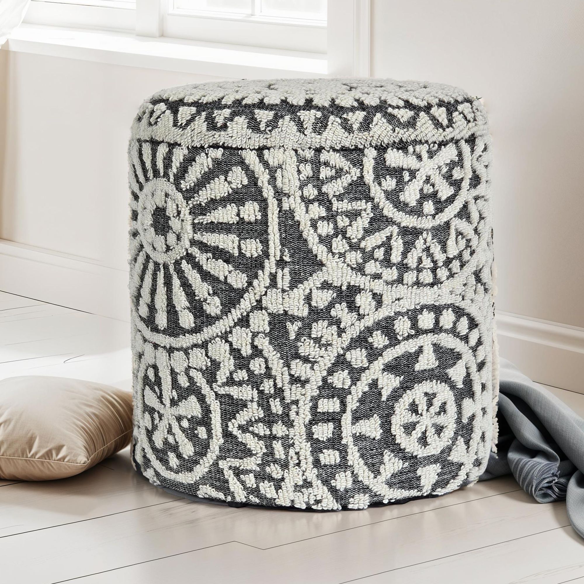 Image of Round Stool Ø 40 × Grey-cream Made Of Wool With Storage, Removable Lid, Footstool In , Storage Stool For Living Room Bedroom Hallway
