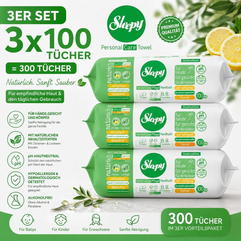Image of Easy Clean Sensitive Wipes Lemon - 3x100 Sheets – For Babies, Children & Adults – Alcohol-free, Ph Skin-neutral, Hypoallergenic, For Hands