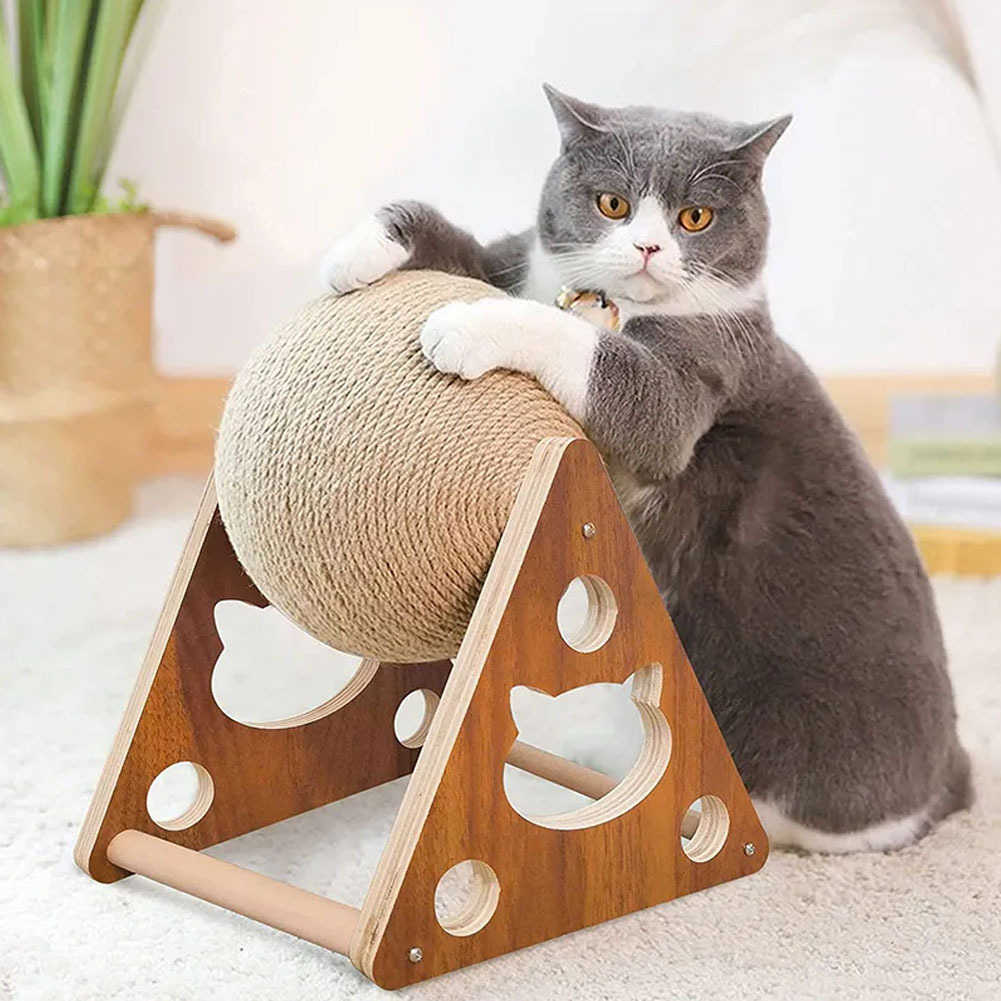 Natural Sisal Board Scratcher, Stable Wooden Base And Sisal Rope Rolling Ball Toys For Cats Climbing Grinding Claws, Interactive Cat Scratching Post