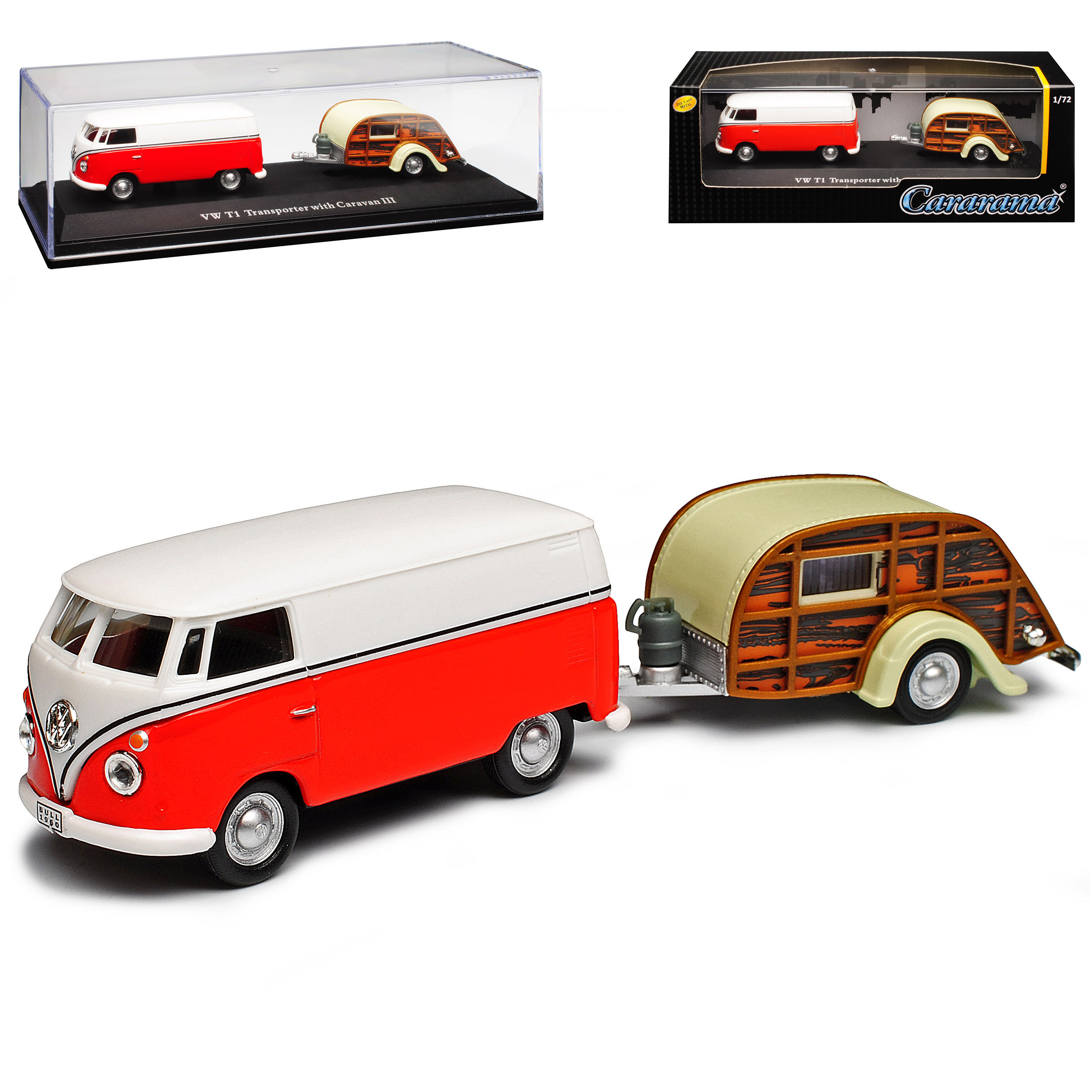 Vw T1 Red White Bully Bus 1950-1967 With Iii Trailer 1/72 Cararama Model Car