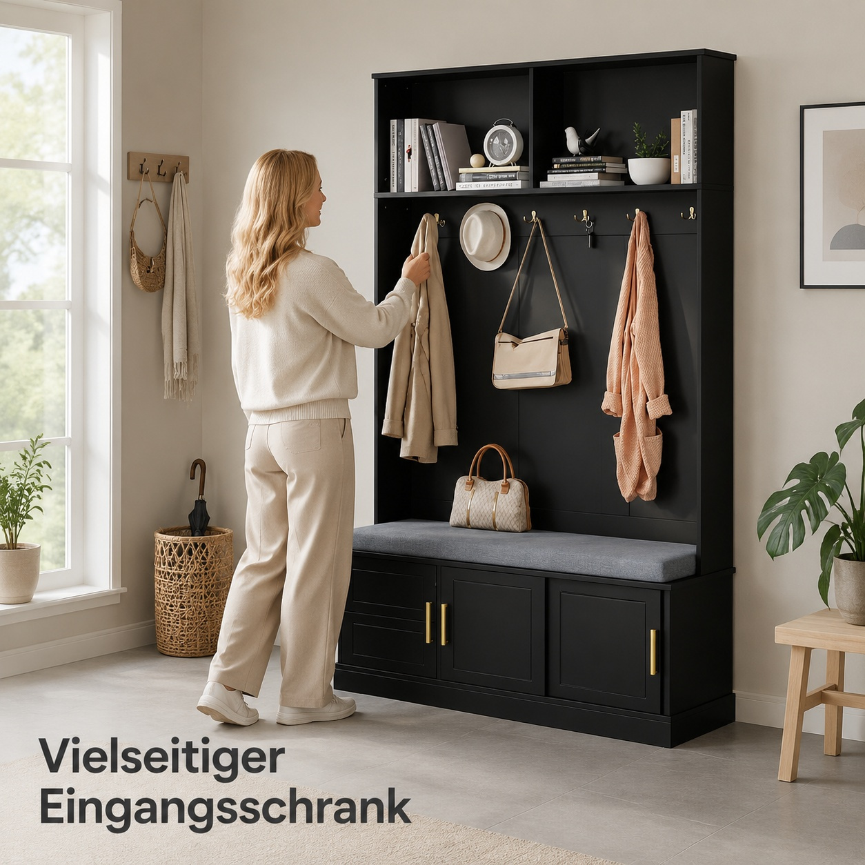 Image of Luxury Wardrobe Cabinet With Bench, Shoe Cabinet And Storage Compartments, Black With Elegant Golden Fittings For Entrance Hall And 120×40×191cm