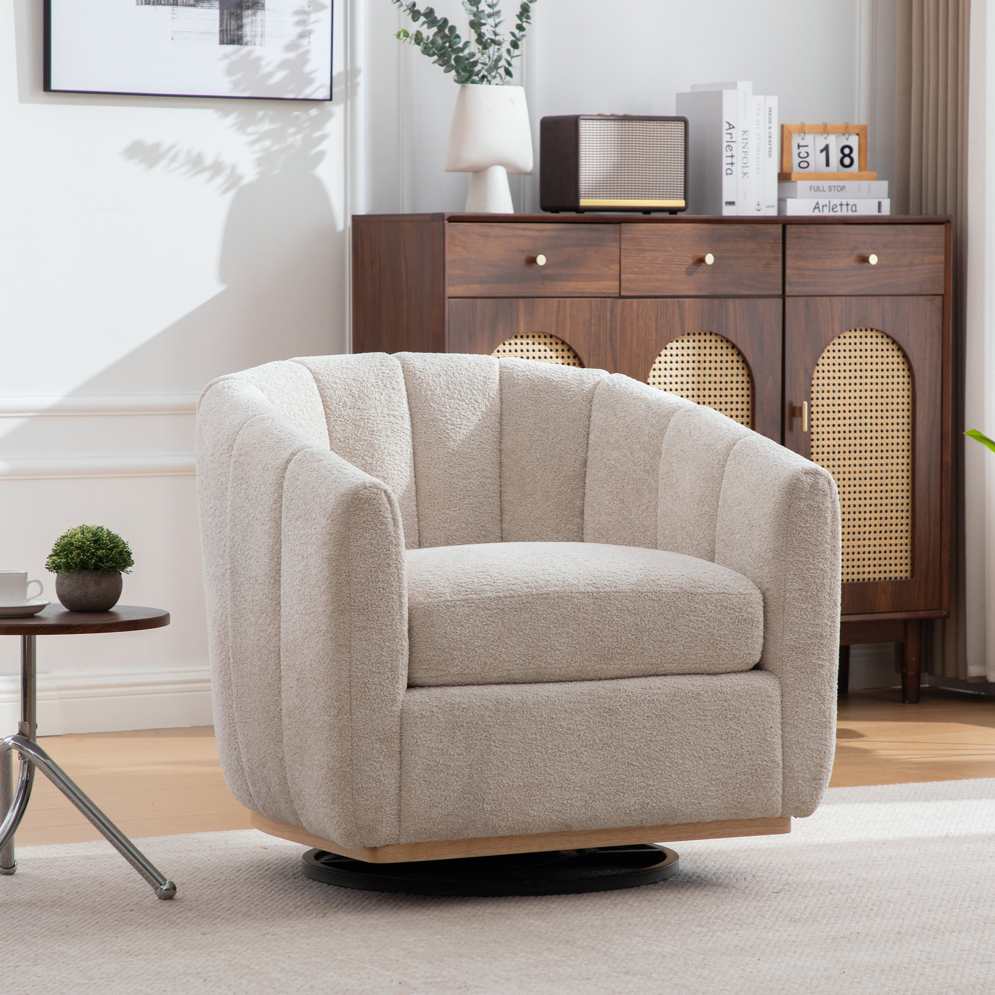 Image of Modern Velvet Upholstered Armchair With Metal Legs, Function, Upholstered Shell Chair With Tassel Ornamentation, Pumpkin-shaped Club Chair For Living Room, , Bedroom, Lounge, Beige