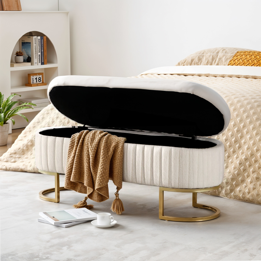 TEMU 1pc Oval-shaped Ottoman Storage Bench, Boucle Upholstered Footstool, End Of Bed Stool, With Light Luxury Golden Metal Legs, Ideal For Living
