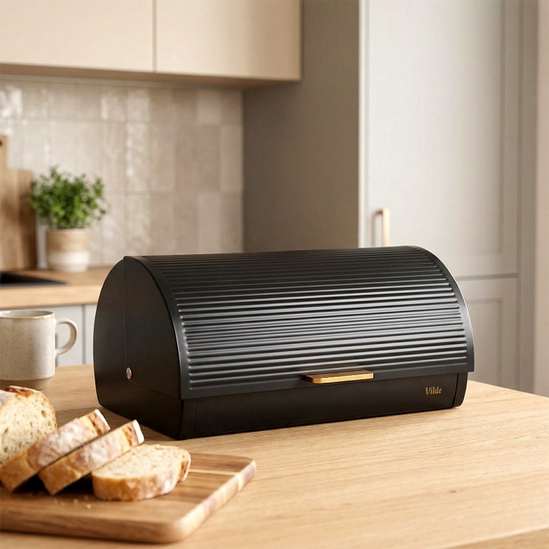 TEMU Black Metal Bread Box 39x28x18.5 Cm - Spacious Bread Storage Container, , Sturdy Construction, Effective Protection Against Drying Out,