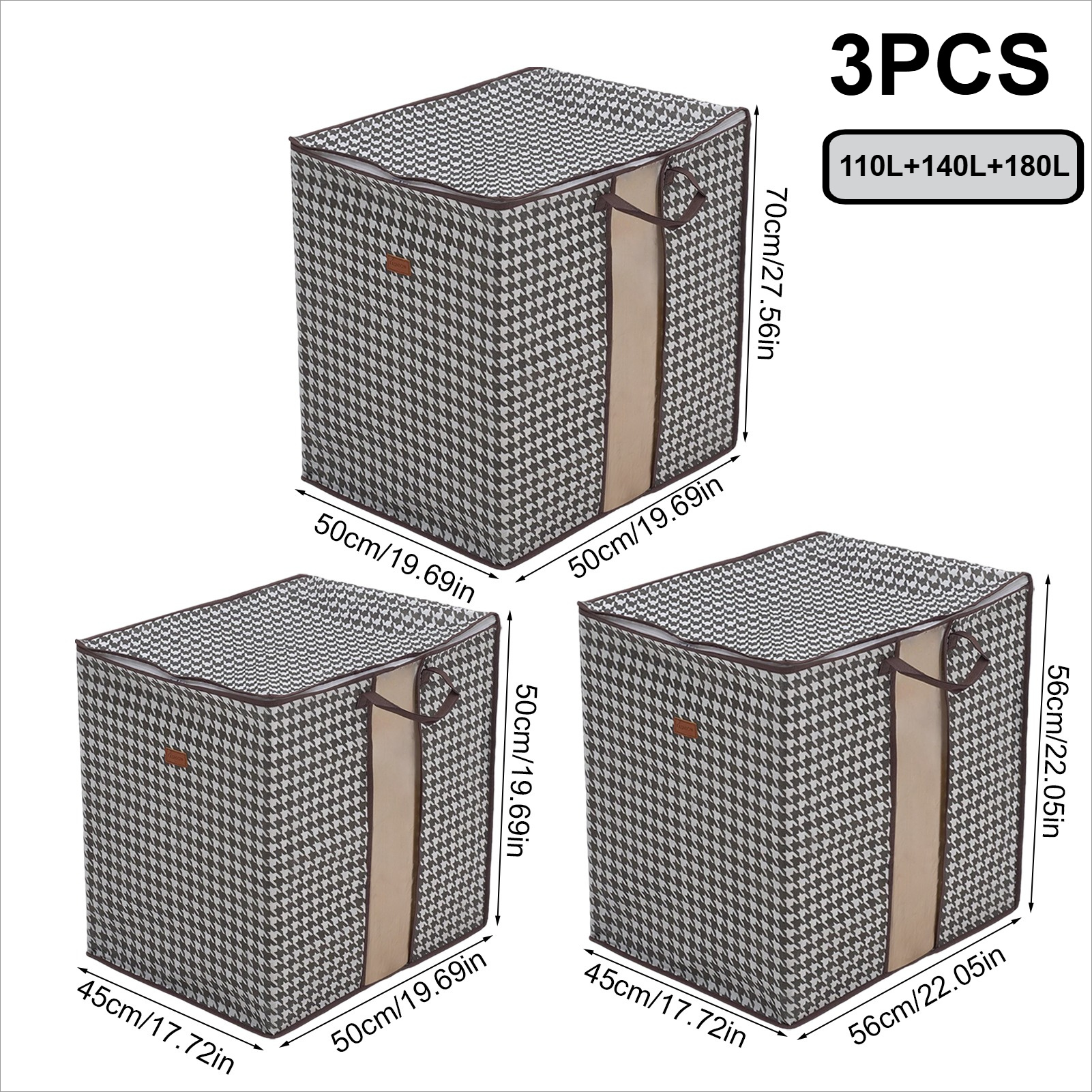 Pack of 3 Houndstooth Storage Bags - Collapsible Dustproof Boxes
