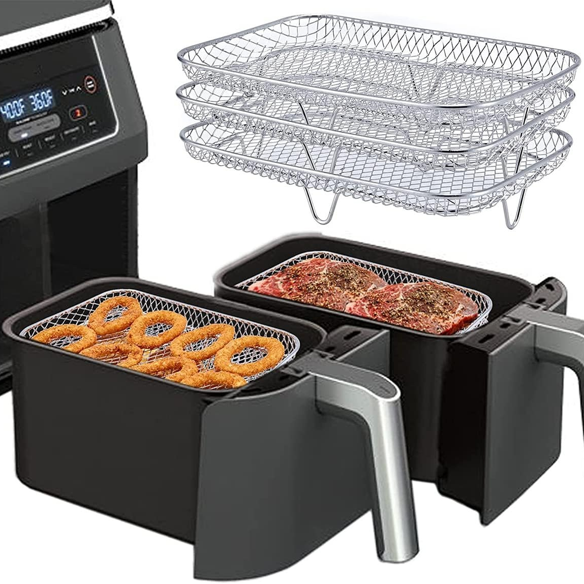 TEMU 3pcs Stackable Air Fryer Grill Rack Set, Durable Stainless Steel Baking Trays For Roasting, Grilling And Baking Food, Multi-functional Kitchen