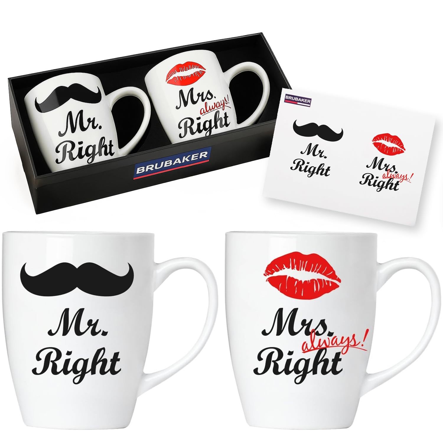 Image of Brubaker Mr. Right & Mrs. Right Mug Set - Coffee Mugs For Wedding Gift And Gift For Couples - 2 Coffee Cups 300 Ml With Greeting Card And Gift Packaging