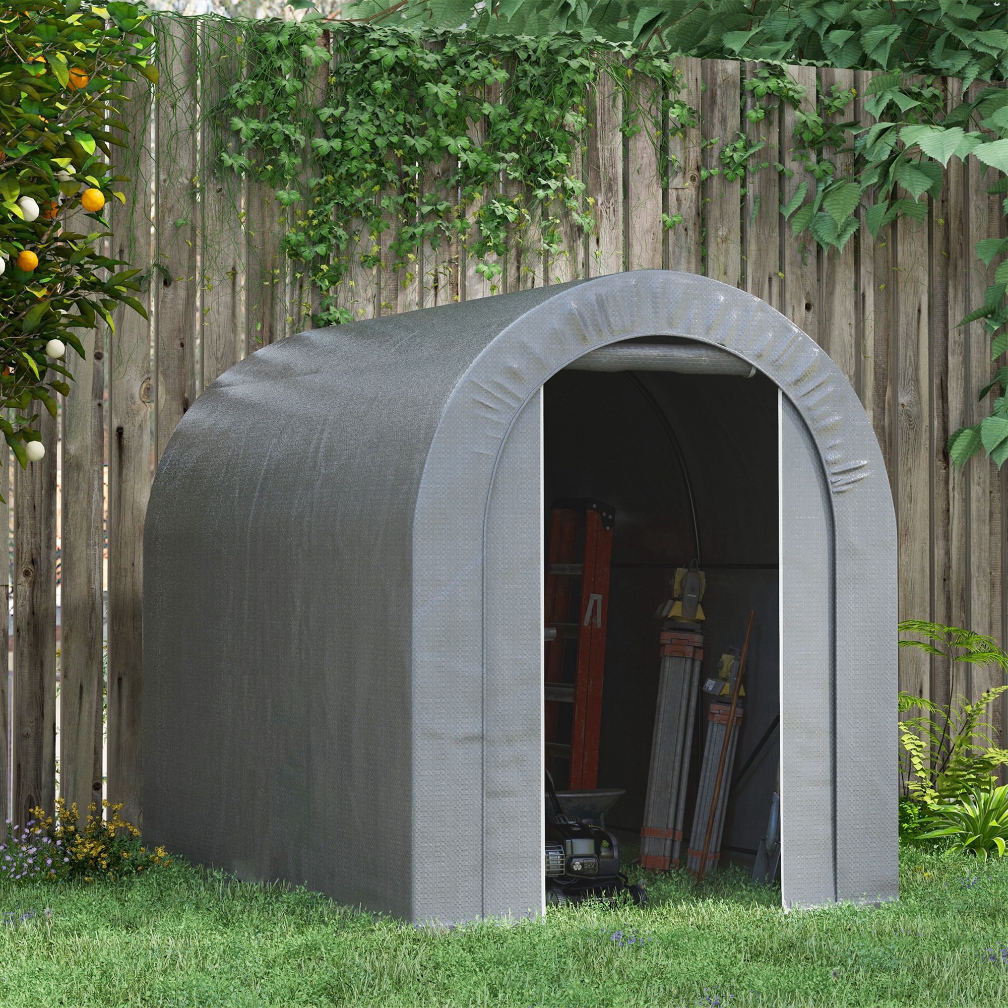 Image of Outsunny Garden Shed Outdoor Storage Tent With Pe Frame In Galvanized Metal, Dimensions 2.4 X 1.6 X 1.9 M, Grey