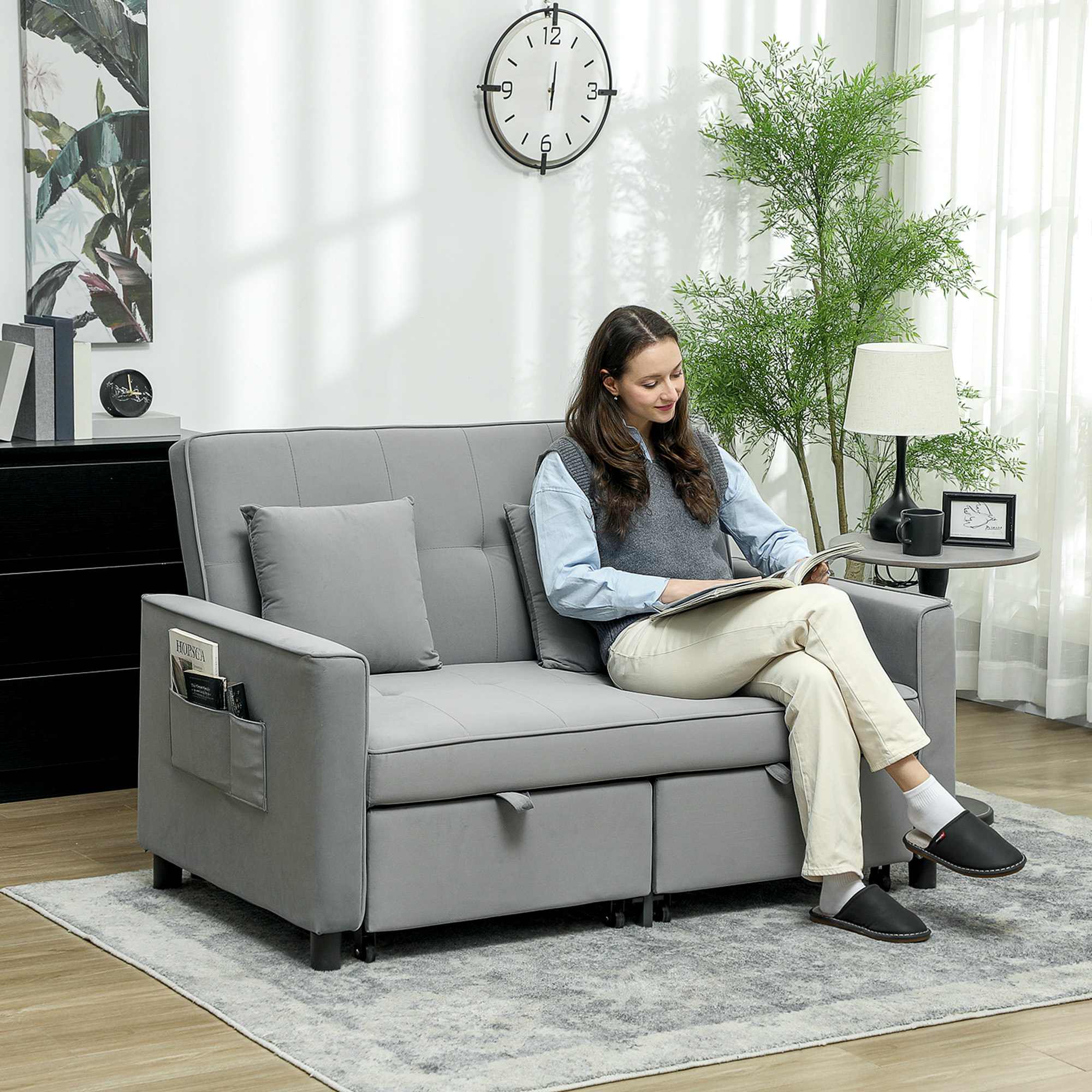 Sleeping Sofa, 2-seater Sofa With Sleeping Function, Adjustable Backrest, Couch With Cushions, Velvet Look, L-shaped Sofa Bed With Bed Box, Casters For Living Room, , Gray